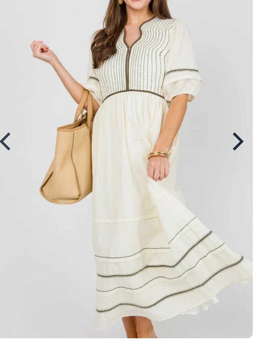 Seen and be seen Olive Trimmed Midi, Cream  Dress with Puff Sleeves
